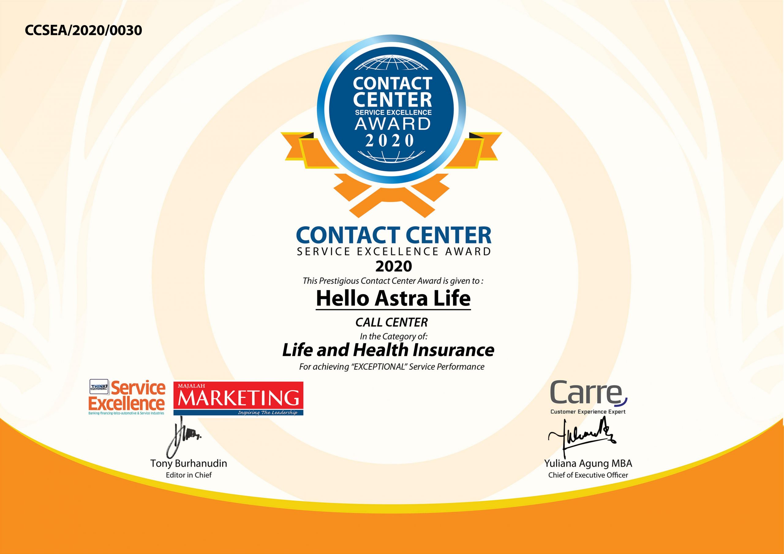 Astra Life Kembali Raih Penghargaan Contact Center Service Excellence Award (CCSEA)